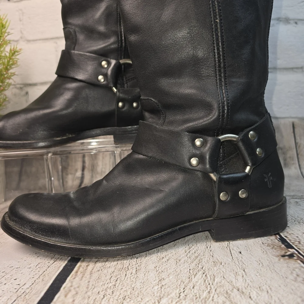 FRYE PHILLIP HARNESS TALL BLACK LEATHER BOOT FULL ZIP BIKER WOMENS 6 EUC